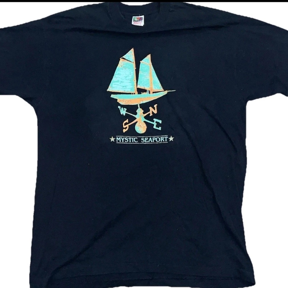 Vintage Mystic Seaport Black T-Shirt with Sailboat Design